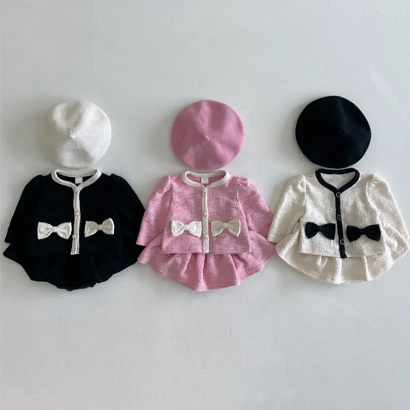 2 Pieces Set Baby Kid Girls Solid Color Bow Jackets Outwears And Skirts Wholesale 230828393