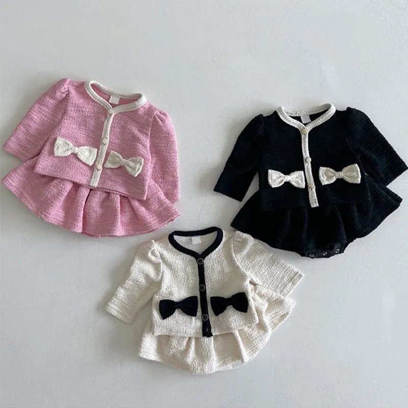 2 Pieces Set Baby Kid Girls Solid Color Bow Jackets Outwears And Skirts Wholesale 230828393