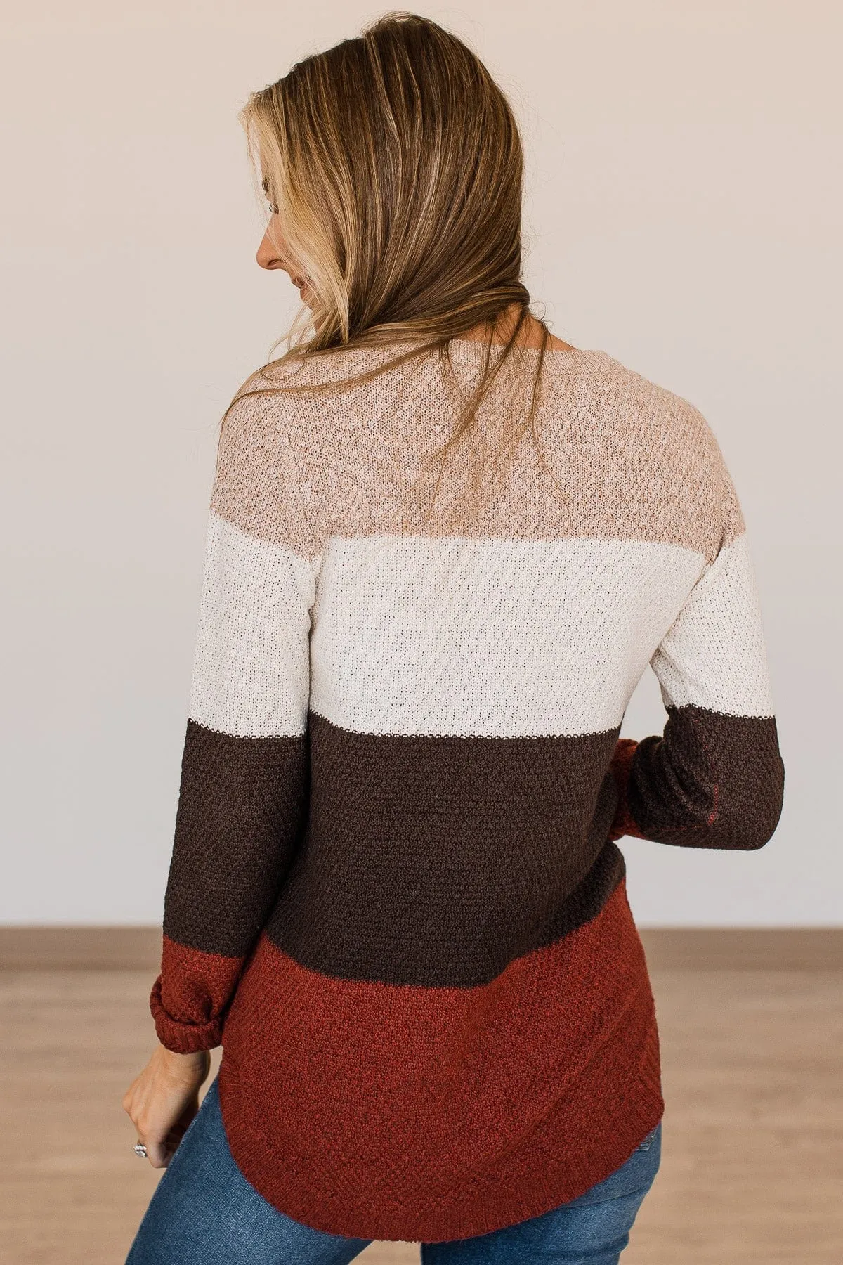 All About Autumn Color Block Knit Sweater- Taupe & Deep Rust