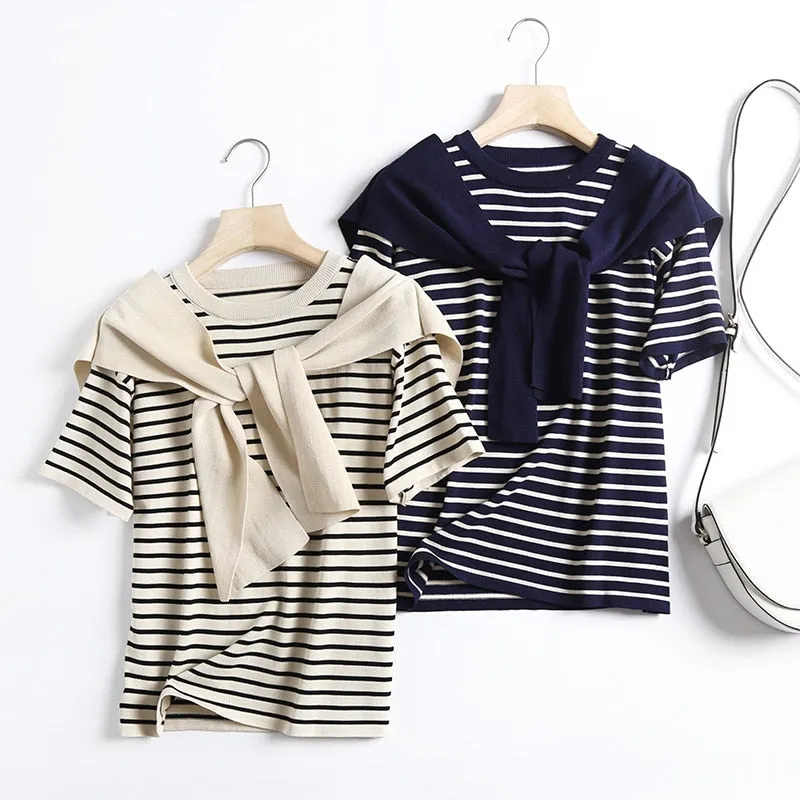 Ashoreshop Marian Stripe Attached Shawl Sweater Tops Women Summer Autumn