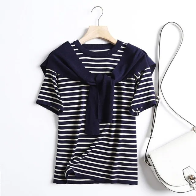 Ashoreshop Marian Stripe Attached Shawl Sweater Tops Women Summer Autumn