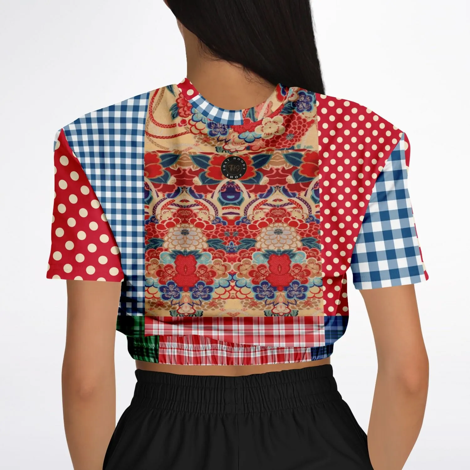 Busan Fleur Plaid Patchwork Short Sleeve Cropped Eco-Poly Sweater