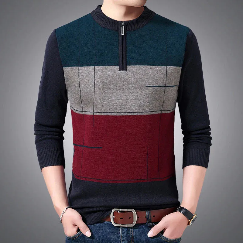 Casual Men's Striped Zipper Thick Winter Warm Knitted Pullover Sweater