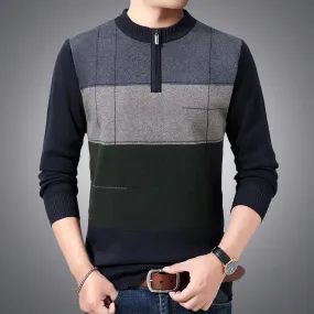 Casual Men's Striped Zipper Thick Winter Warm Knitted Pullover Sweater