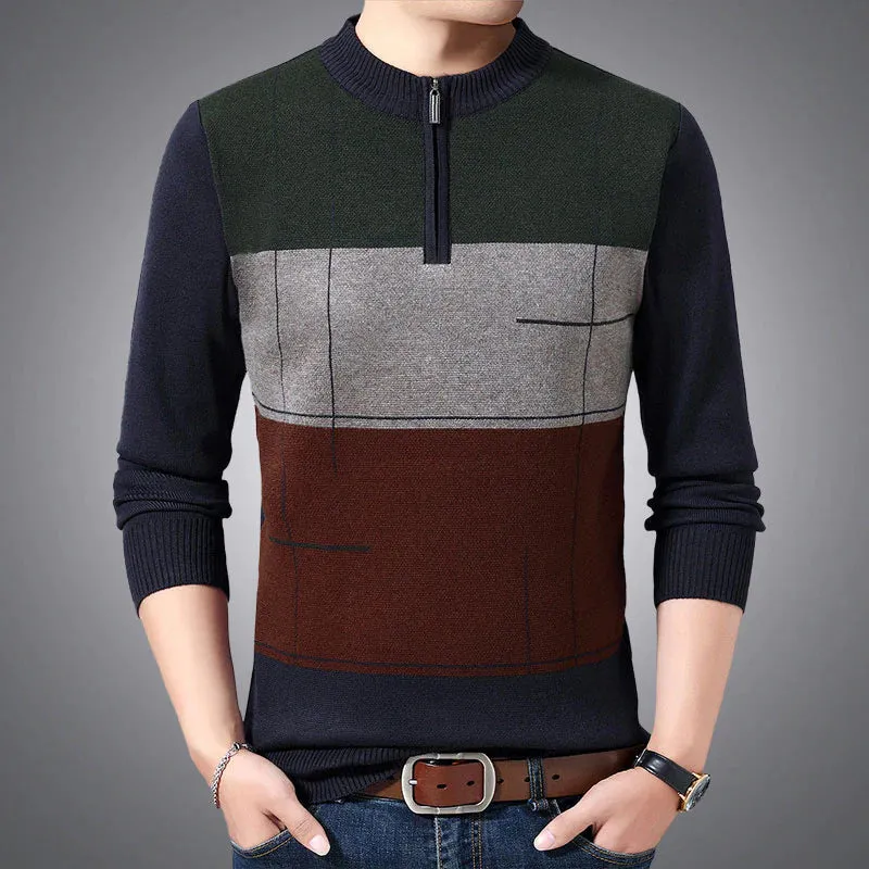 Casual Men's Striped Zipper Thick Winter Warm Knitted Pullover Sweater