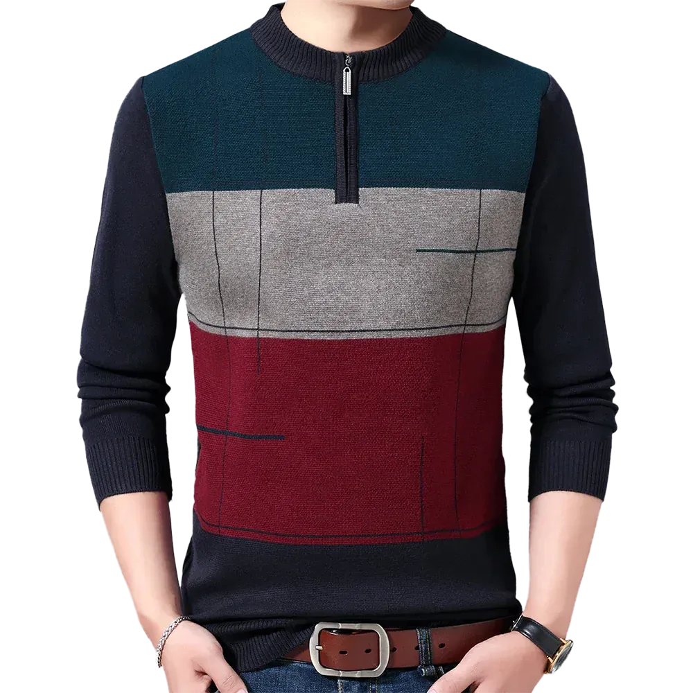 Casual Men's Striped Zipper Thick Winter Warm Knitted Pullover Sweater