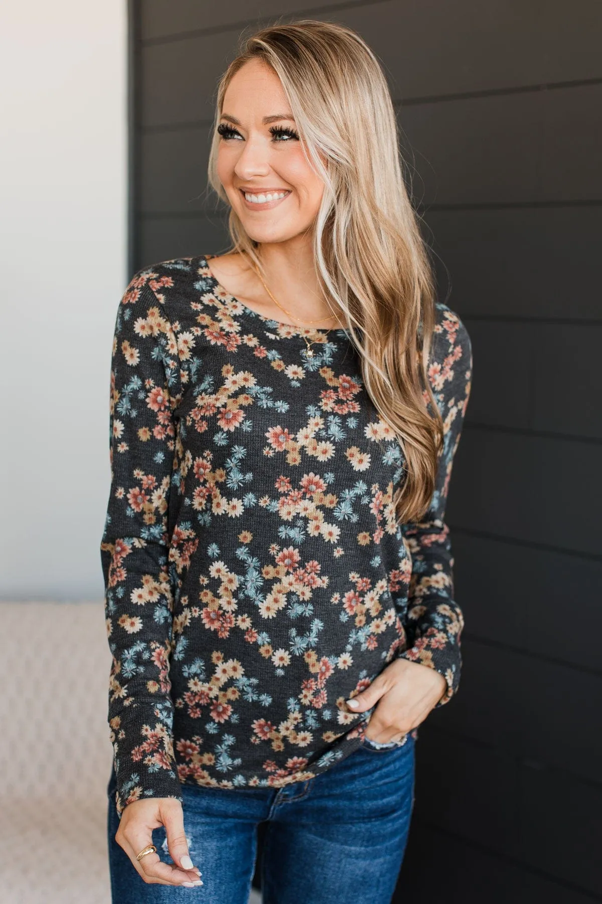 Cause For Celebration Floral Top- Charcoal