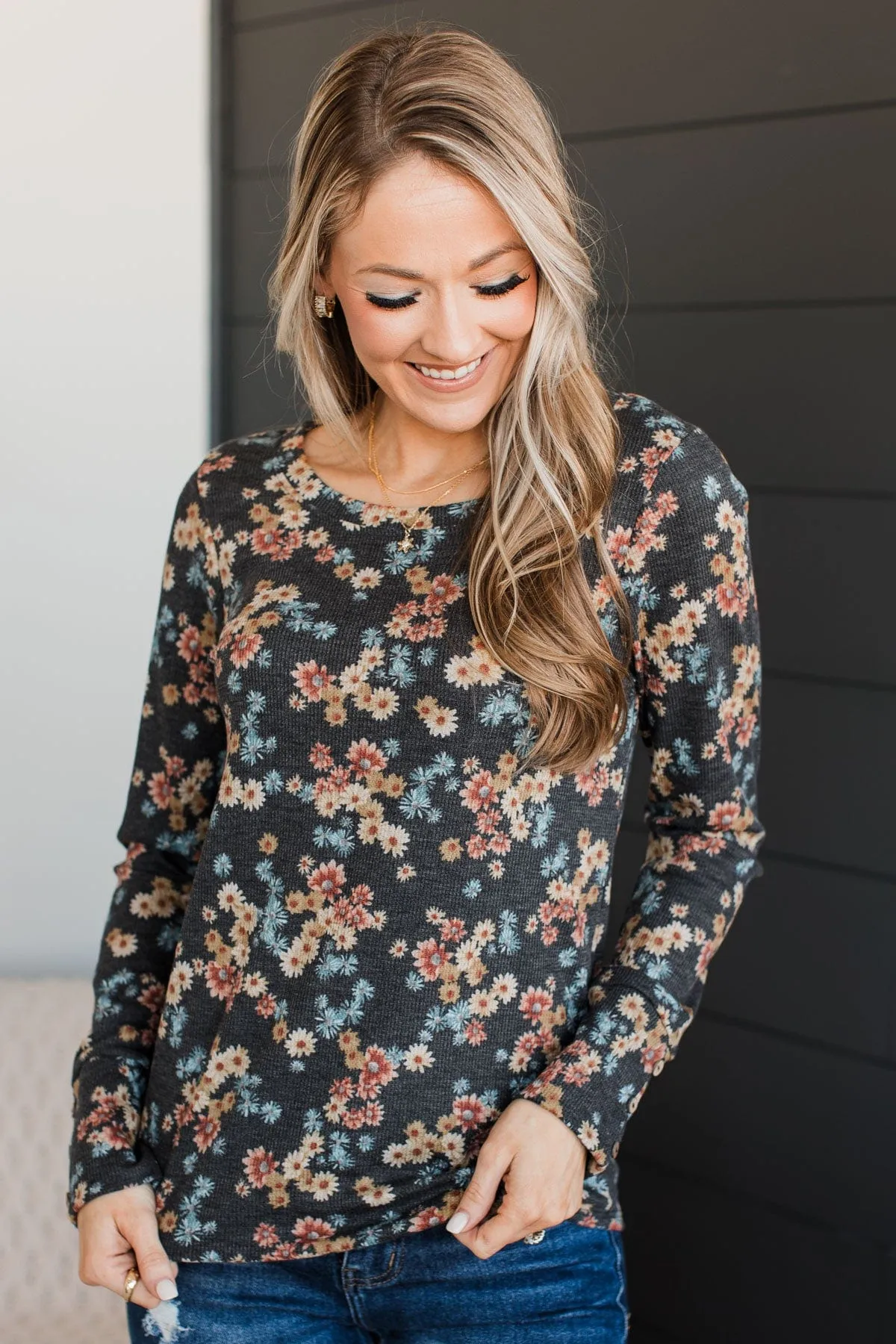 Cause For Celebration Floral Top- Charcoal