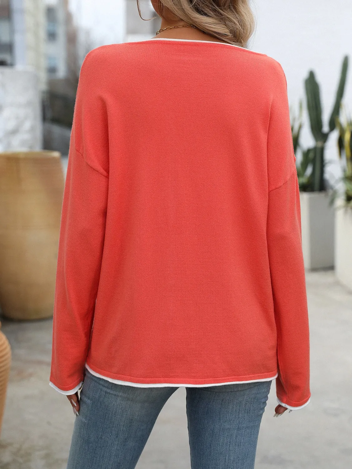 Contrast Trim Round Neck Long Sleeve Sweater -Ships 8/5