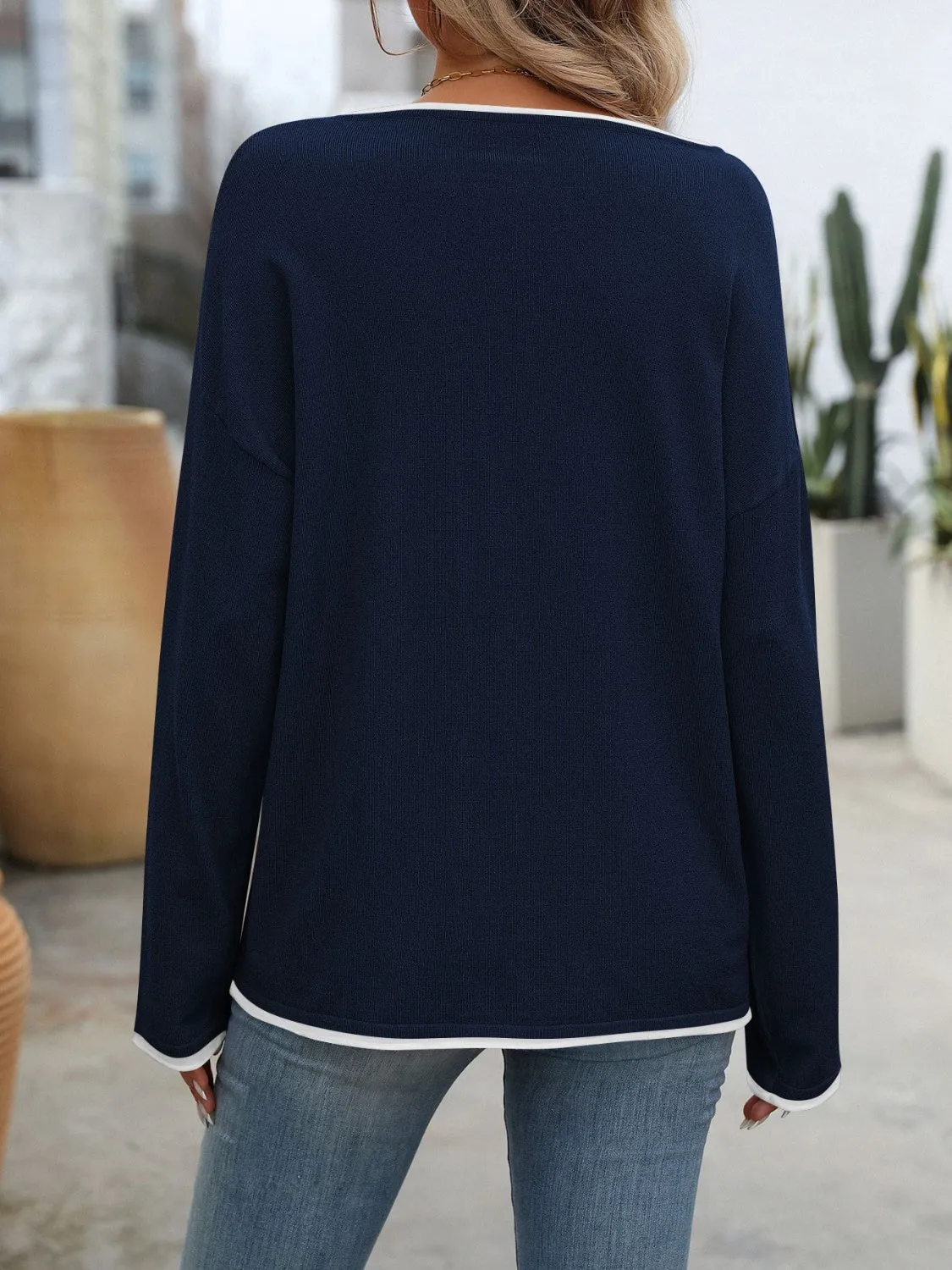 Contrast Trim Round Neck Long Sleeve Sweater -Ships 8/5