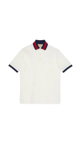 Cotton Piquet Polo with Web Collar - White