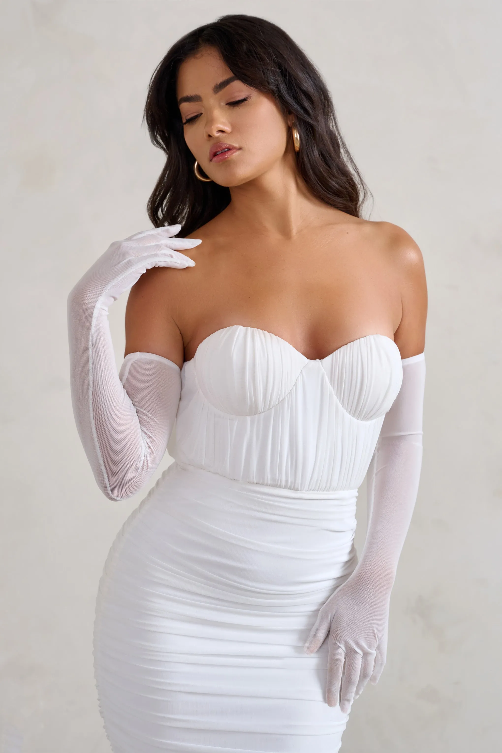 Deema | White Cupped Midi Dress With Mesh Overlay