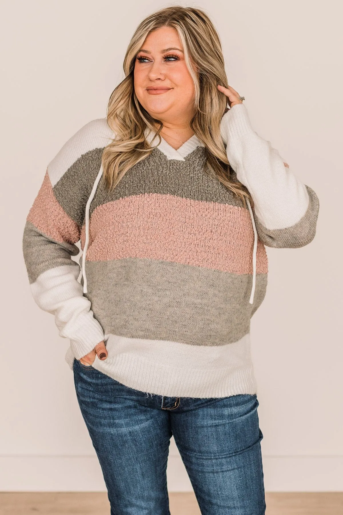 Fall For You Color Block Hooded Sweater- Ivory, Grey, & Dusty Pink