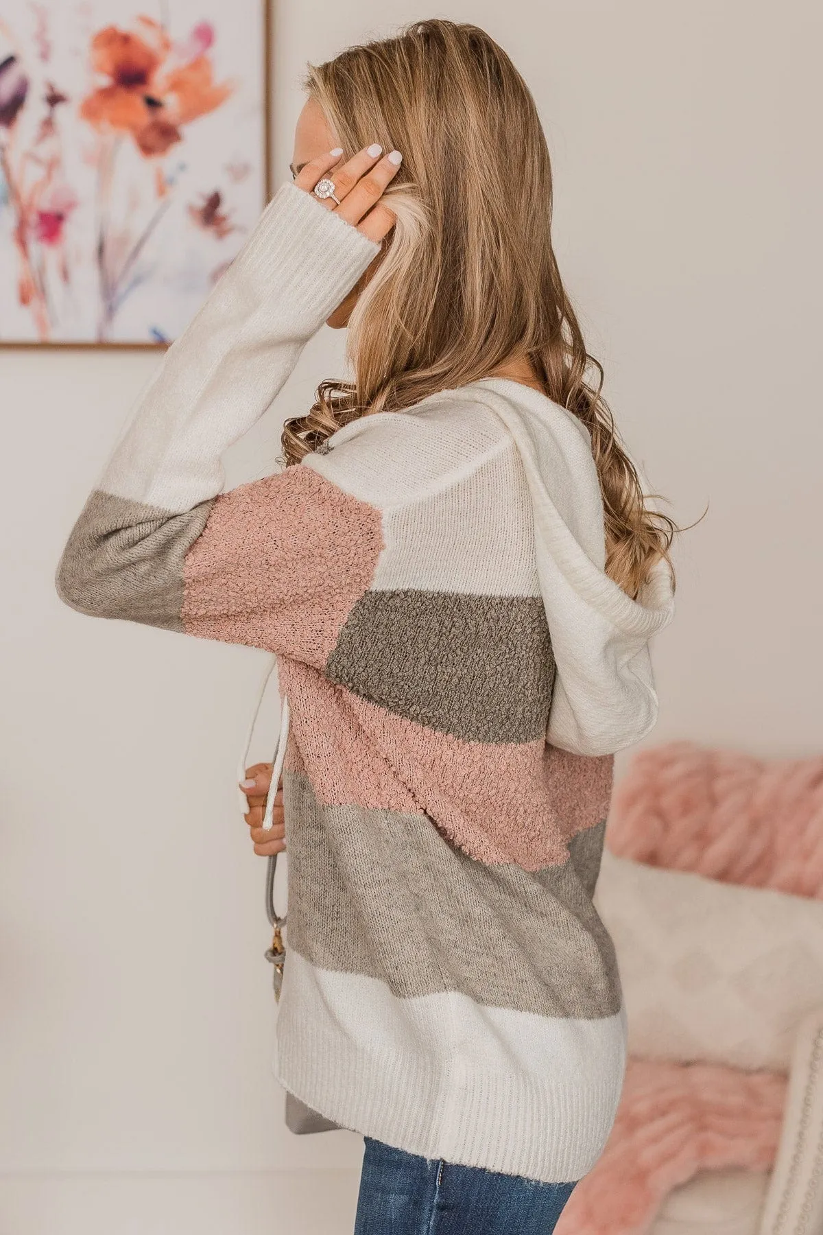 Fall For You Color Block Hooded Sweater- Ivory, Grey, & Dusty Pink