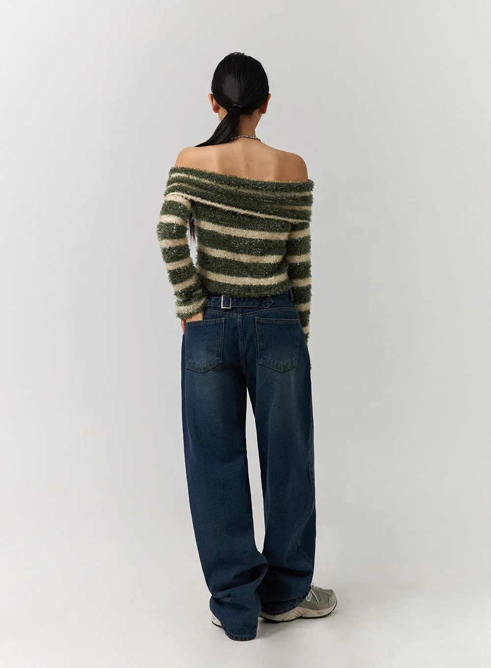 Fuzzy Striped Off-Shoulder Wool-Blend Long Sleeve Sweater CD329