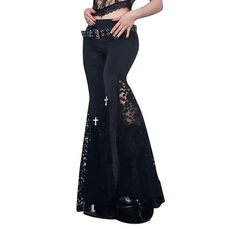 Goth Flare Pants Lace Patchwork High Waist Vintage Pants