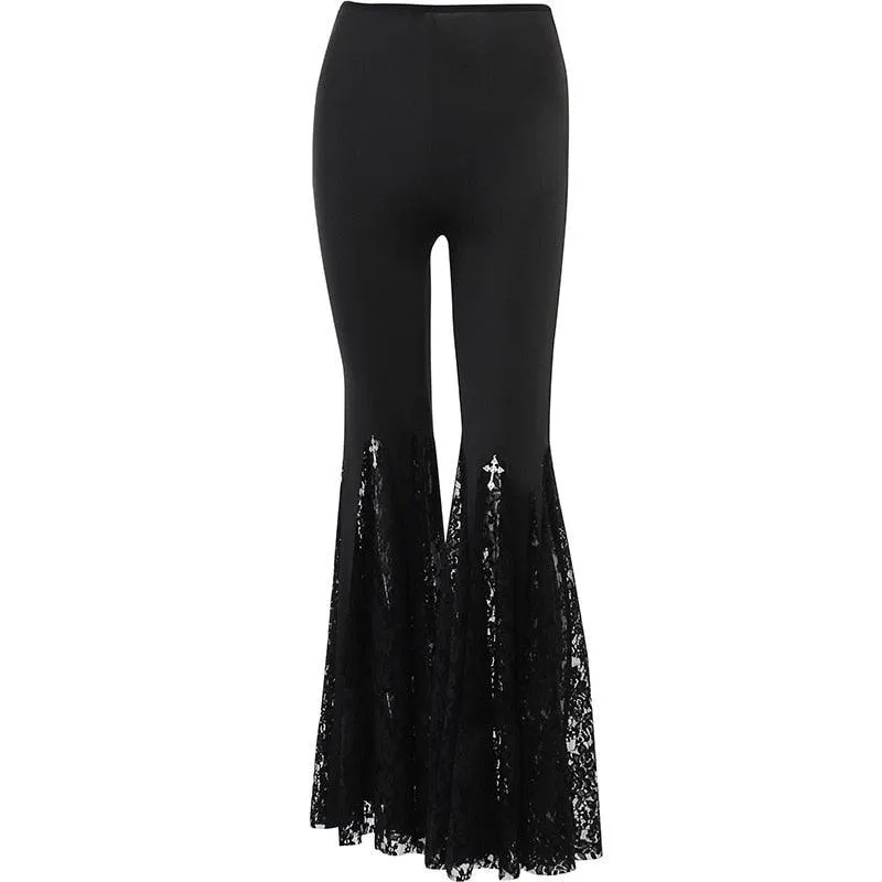 Goth Flare Pants Lace Patchwork High Waist Vintage Pants