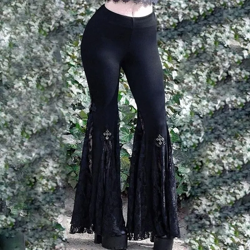 Goth Flare Pants Lace Patchwork High Waist Vintage Pants