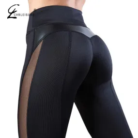 High-Waisted Femme Fitness Leggings - Solid Color with Mesh and PU Leather Patchwork Design