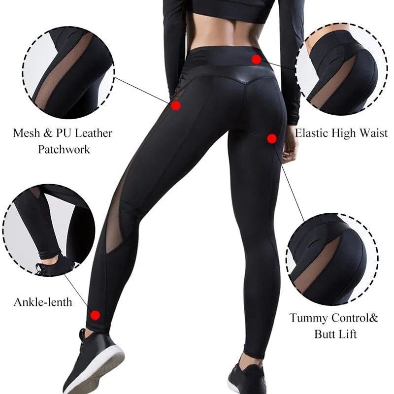 High-Waisted Femme Fitness Leggings - Solid Color with Mesh and PU Leather Patchwork Design