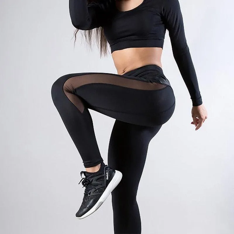 High-Waisted Femme Fitness Leggings - Solid Color with Mesh and PU Leather Patchwork Design