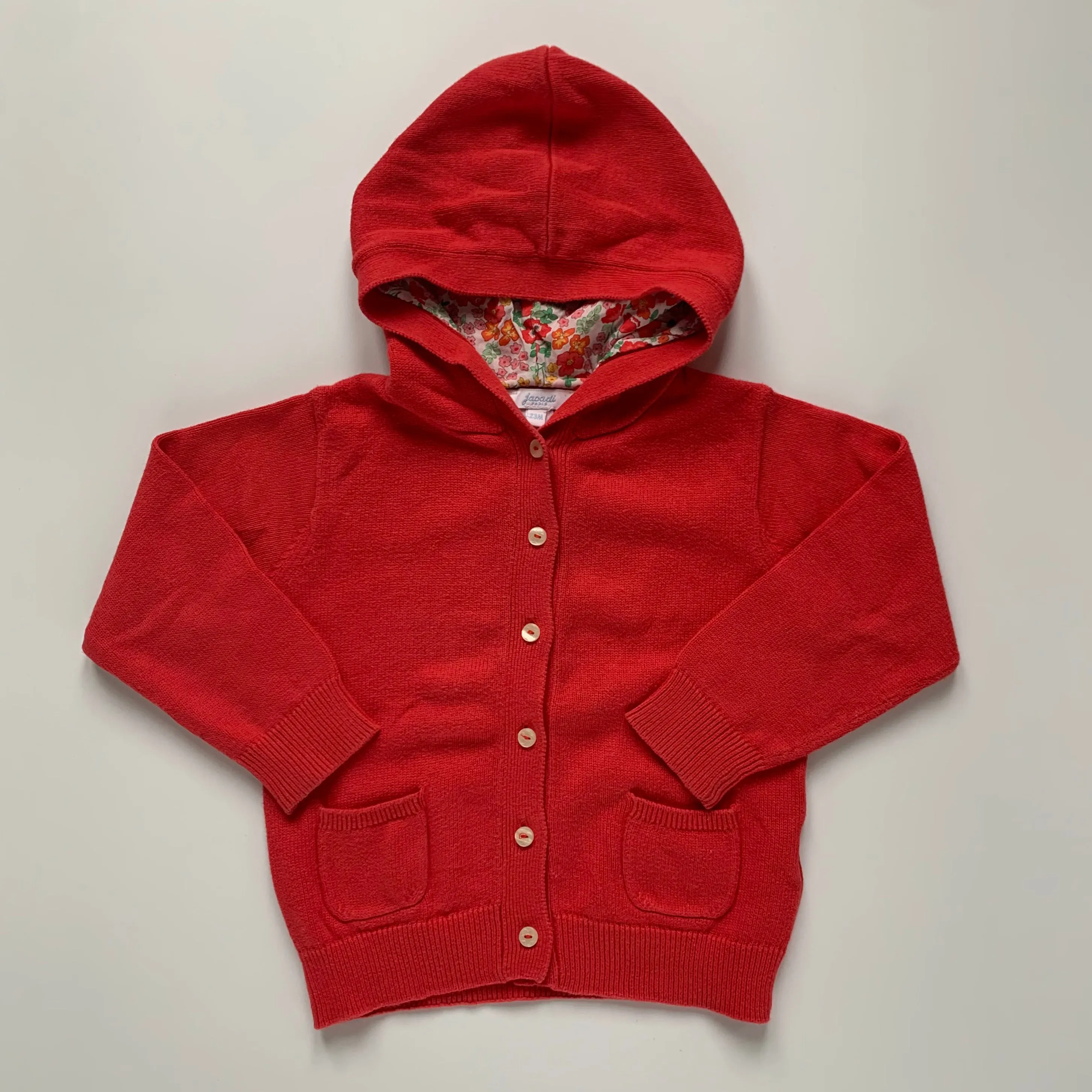 Jacadi Red Cotton Sweater With Liberty Print Hood: 23 Months