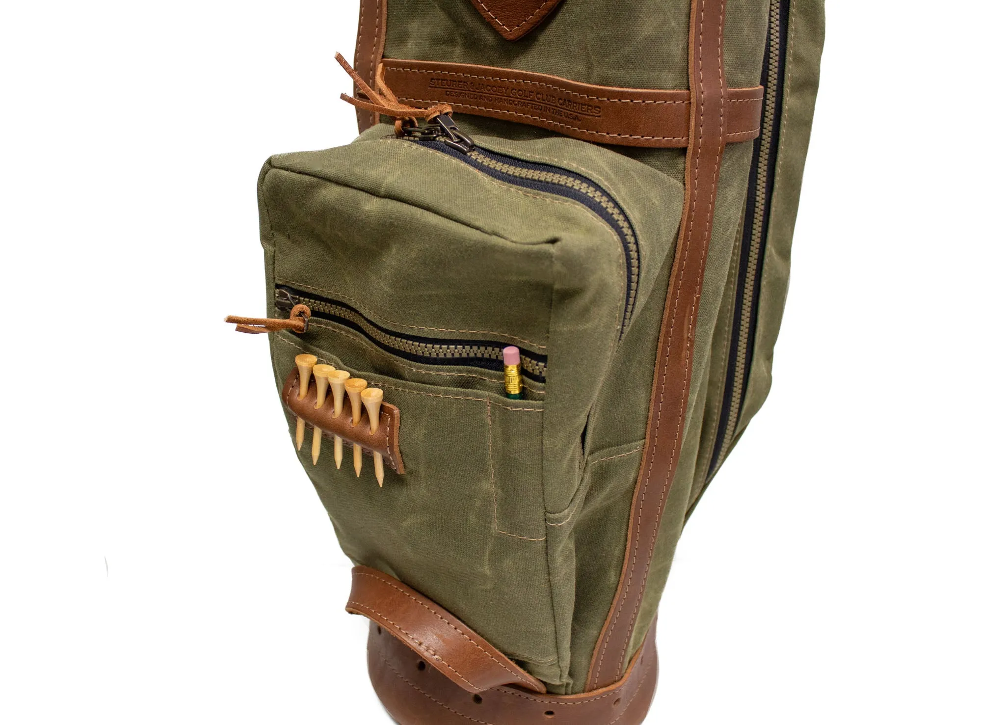 Leather & Waxed Canvas Classic Staff Golf Bag with No Flap- Olive with Chestnut Leather