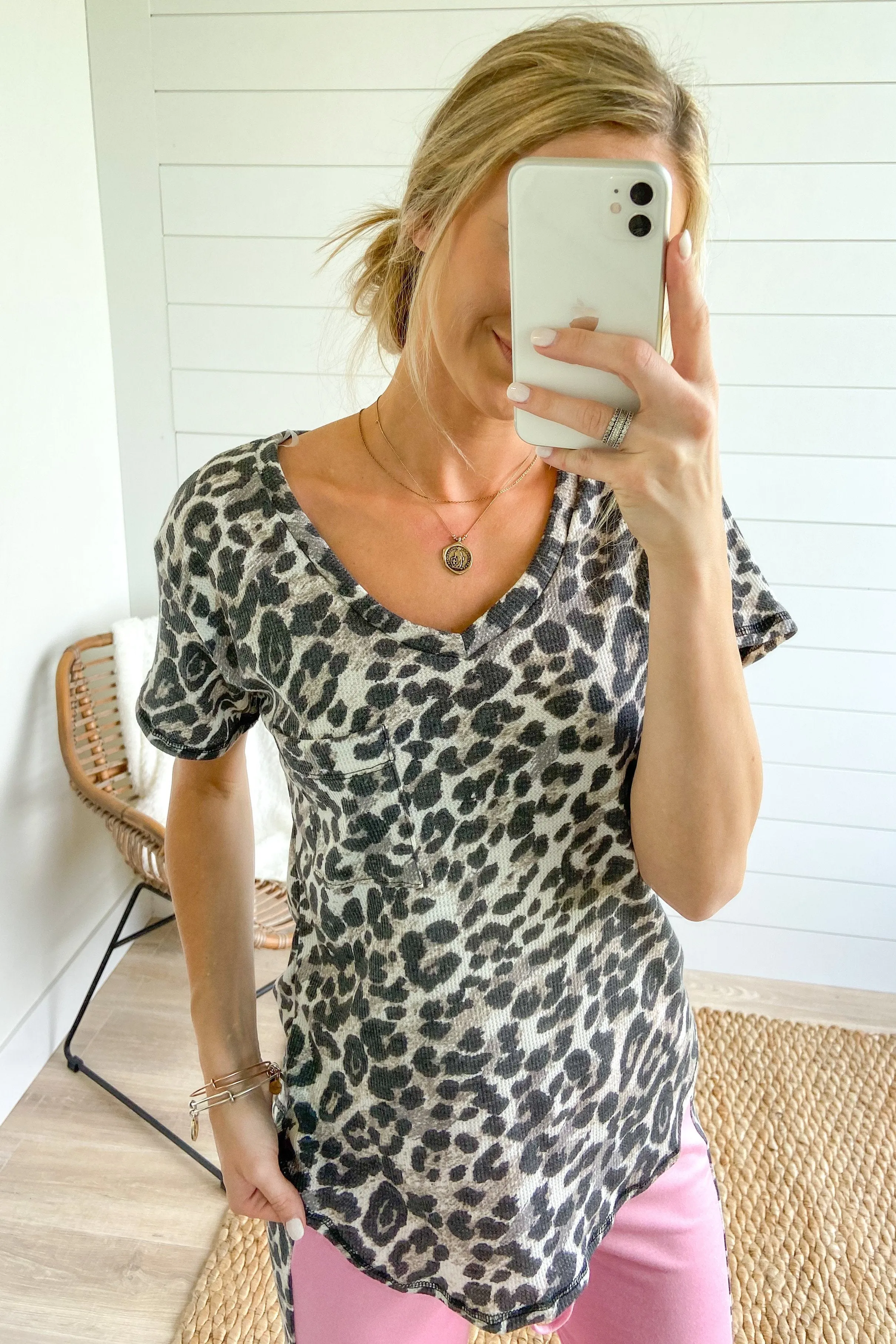 Leopard V-Neck Pocket Top- Taupe