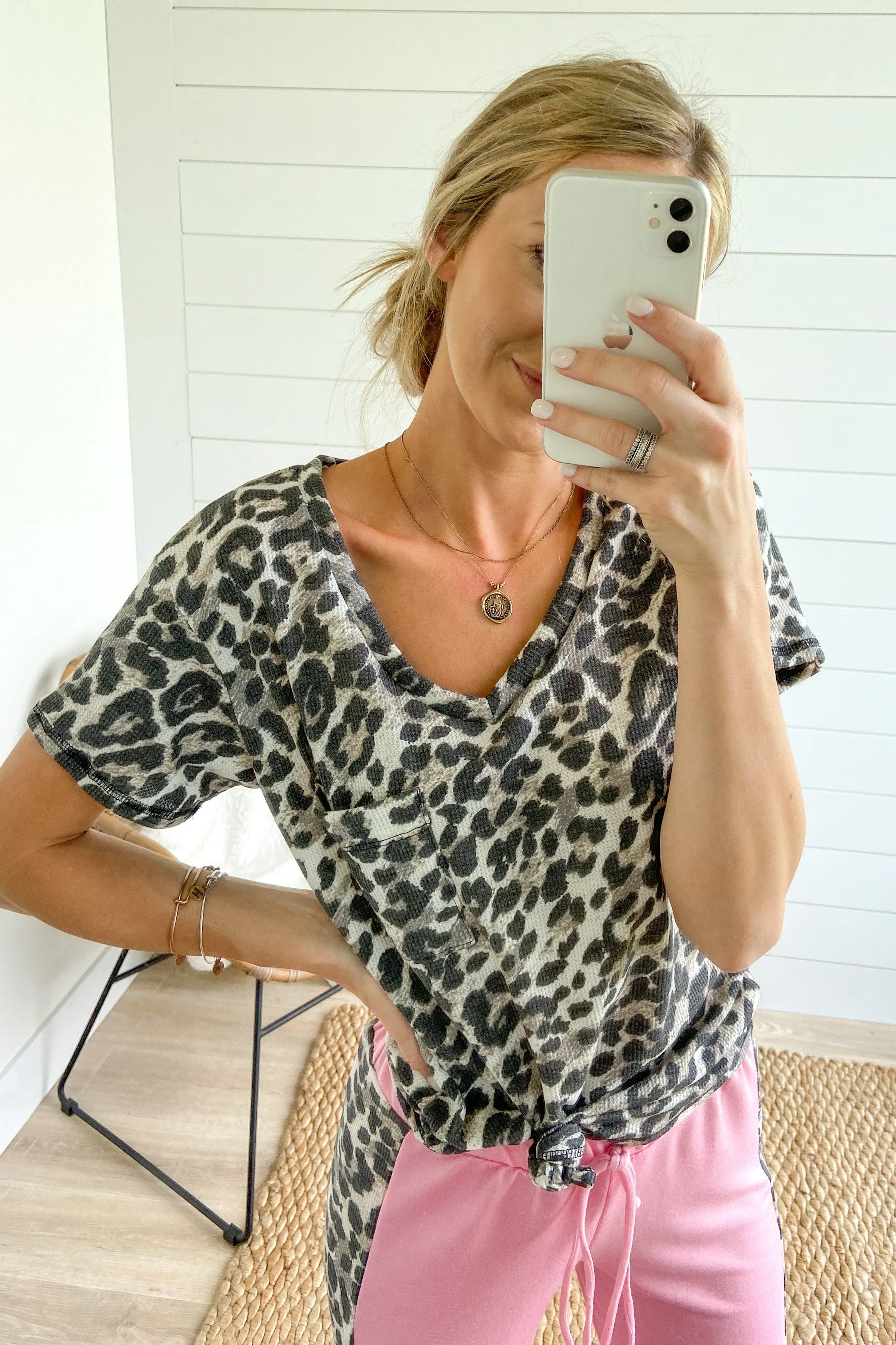 Leopard V-Neck Pocket Top- Taupe