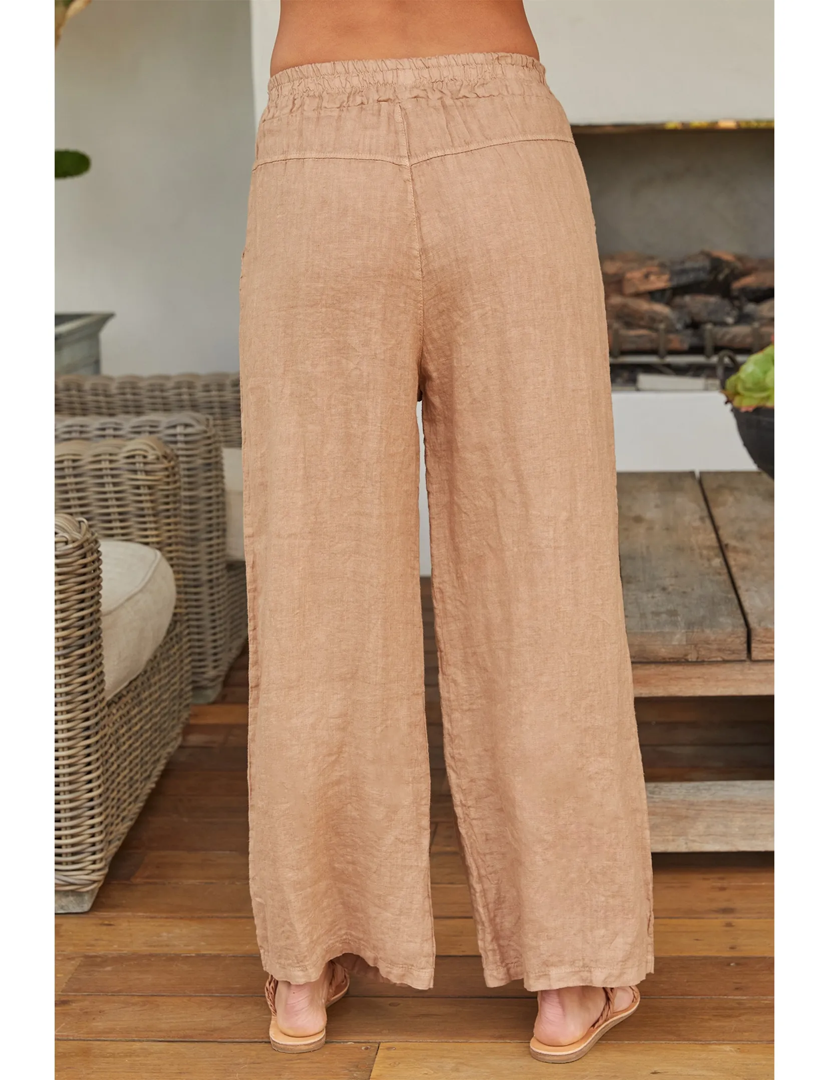 Linen Waist Tie Pants w/Pockets, Camel