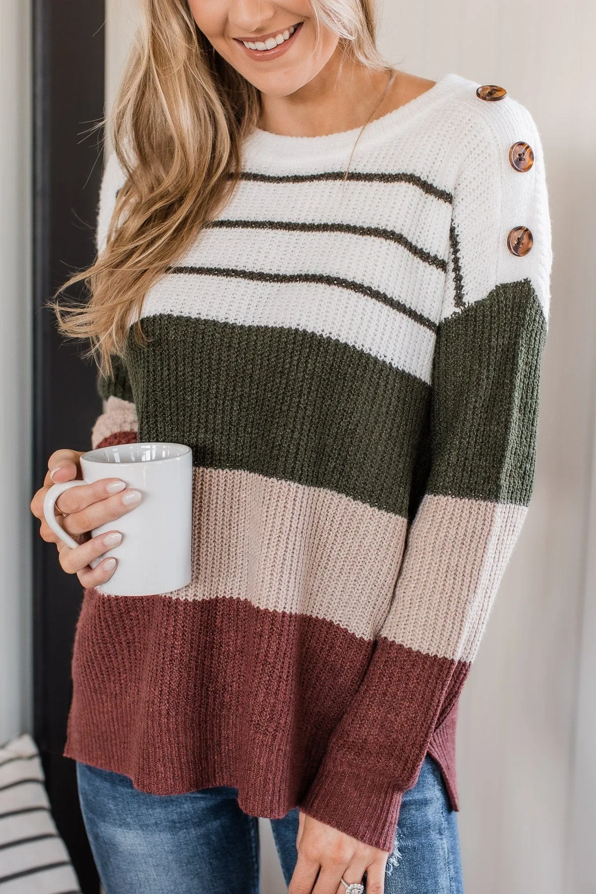 Love To See It Color Block Sweater- Ivory, Olive, & Brick