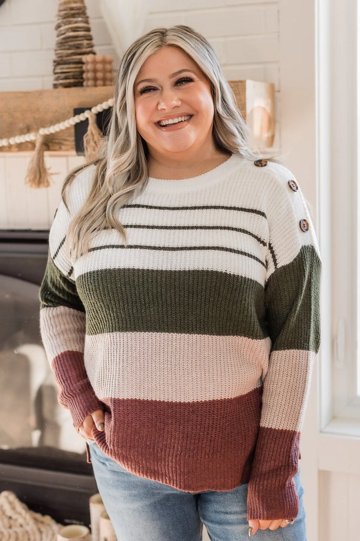 Love To See It Color Block Sweater- Ivory, Olive, & Brick