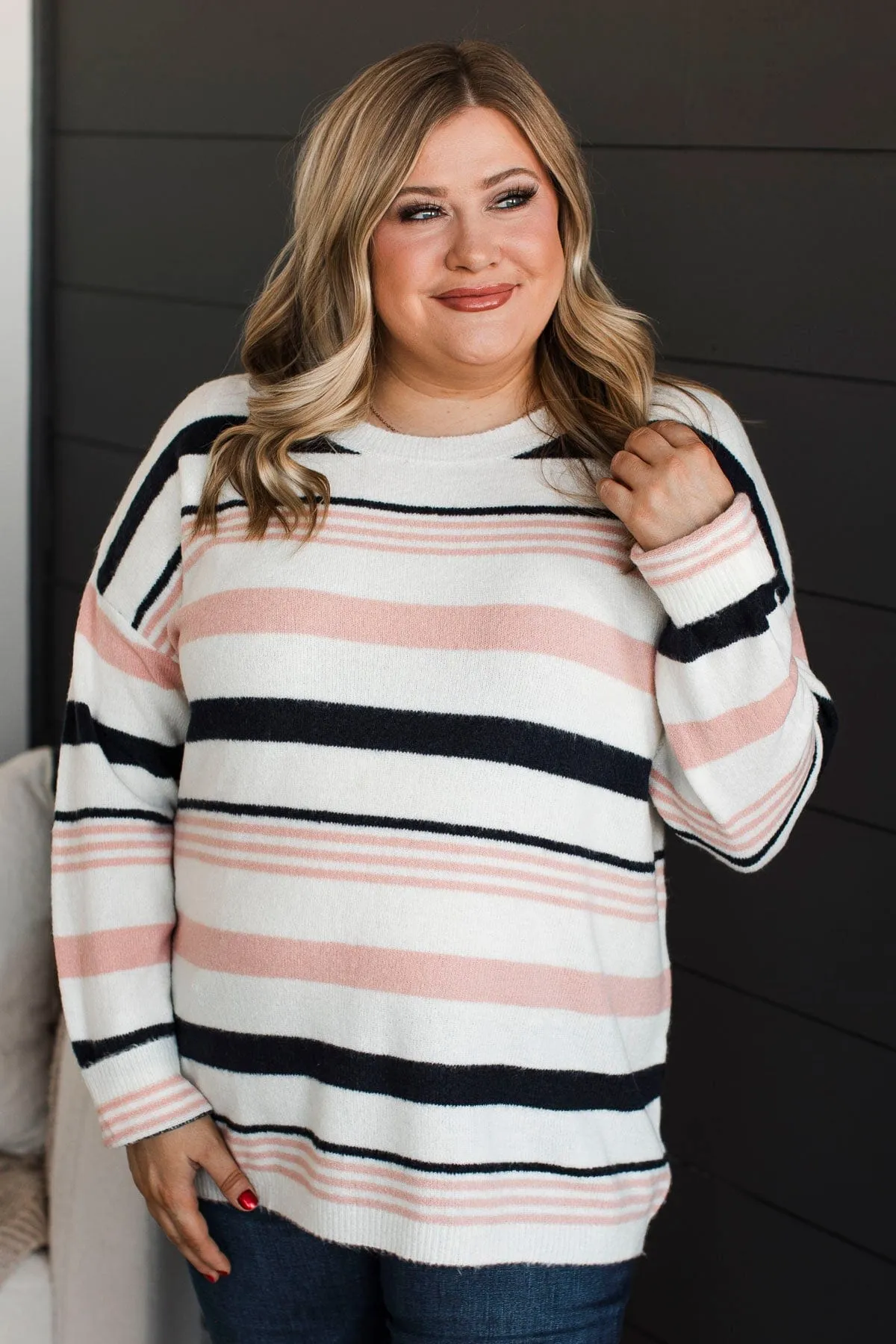 Magic In The Air Striped Sweater- Ivory, Dark Navy, & Pink