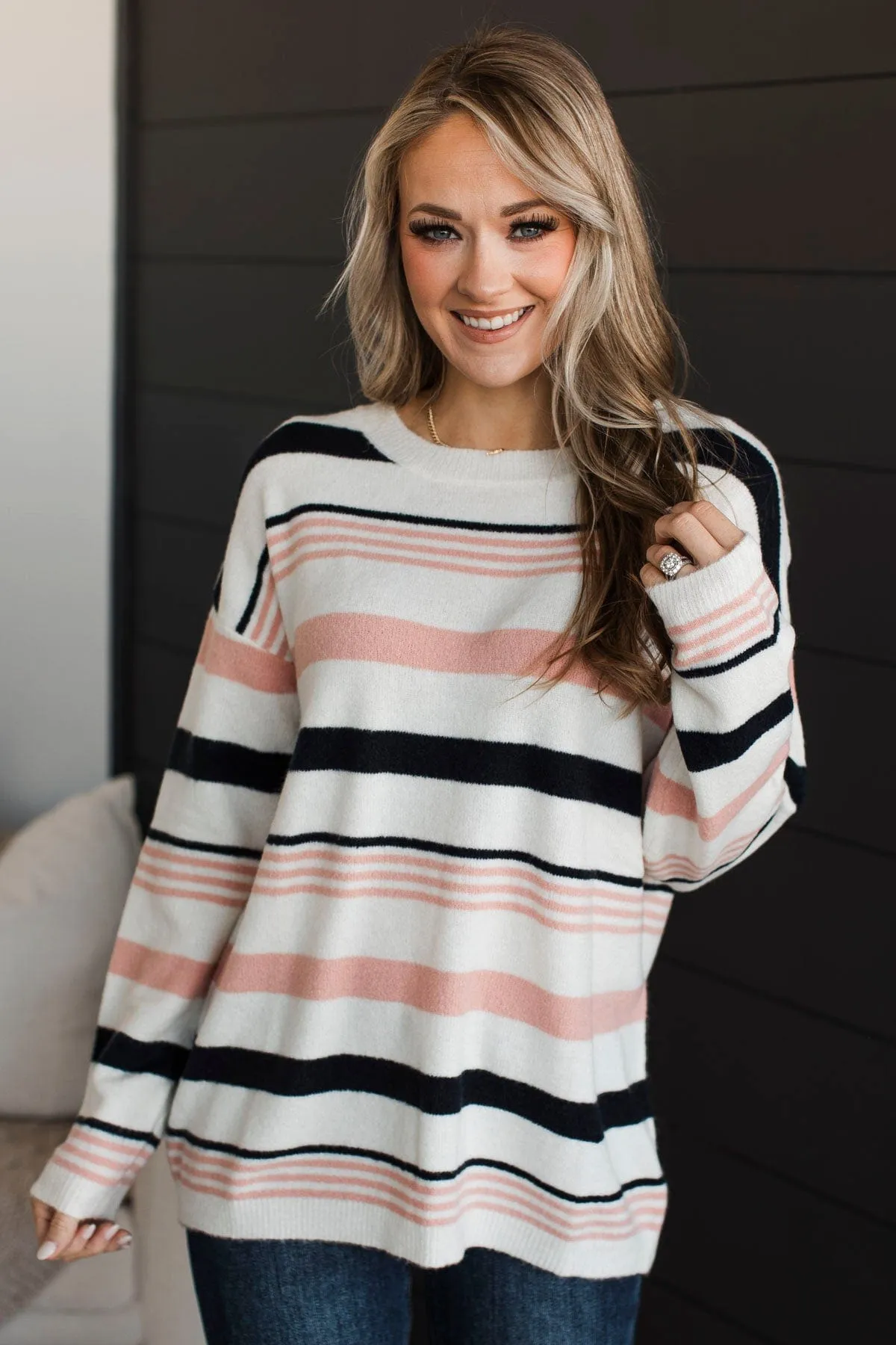 Magic In The Air Striped Sweater- Ivory, Dark Navy, & Pink