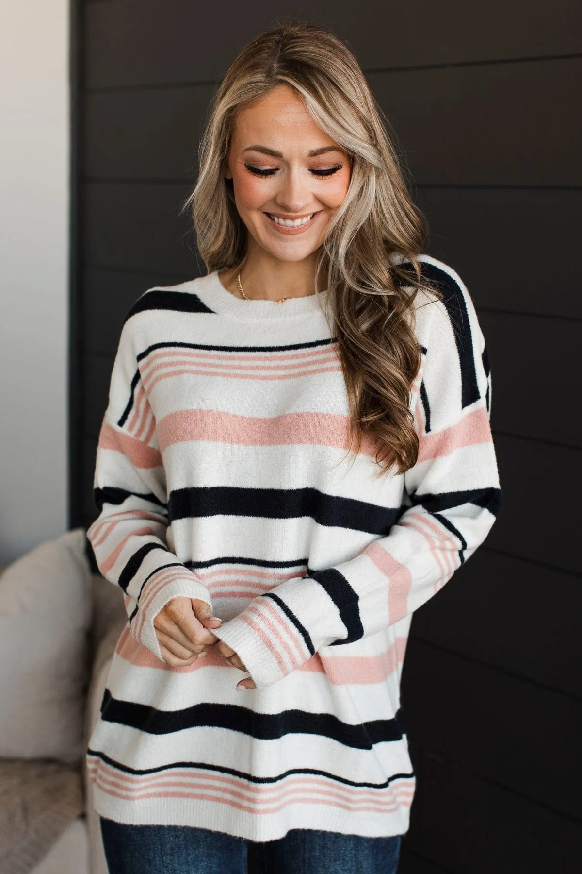 Magic In The Air Striped Sweater- Ivory, Dark Navy, & Pink