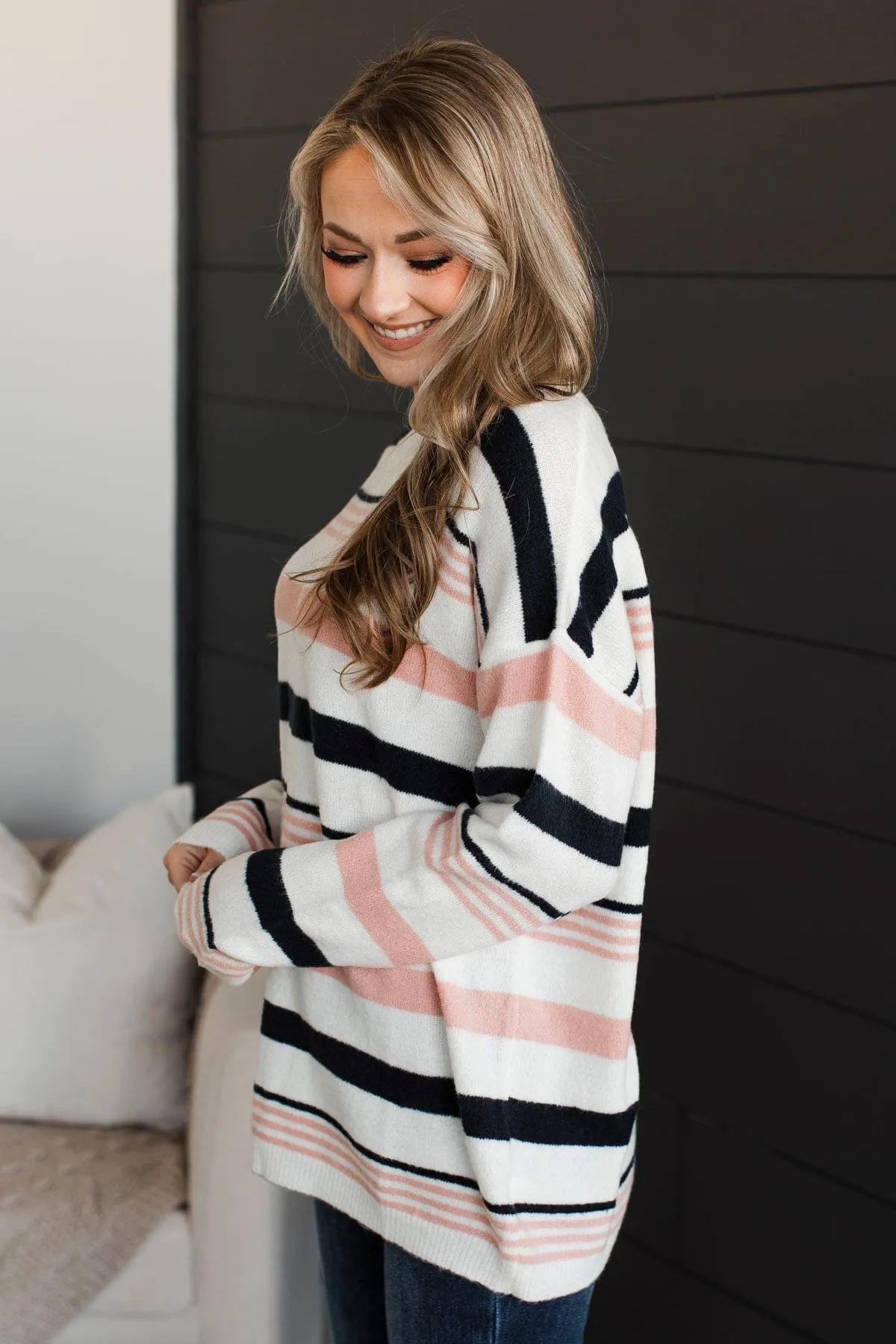 Magic In The Air Striped Sweater- Ivory, Dark Navy, & Pink