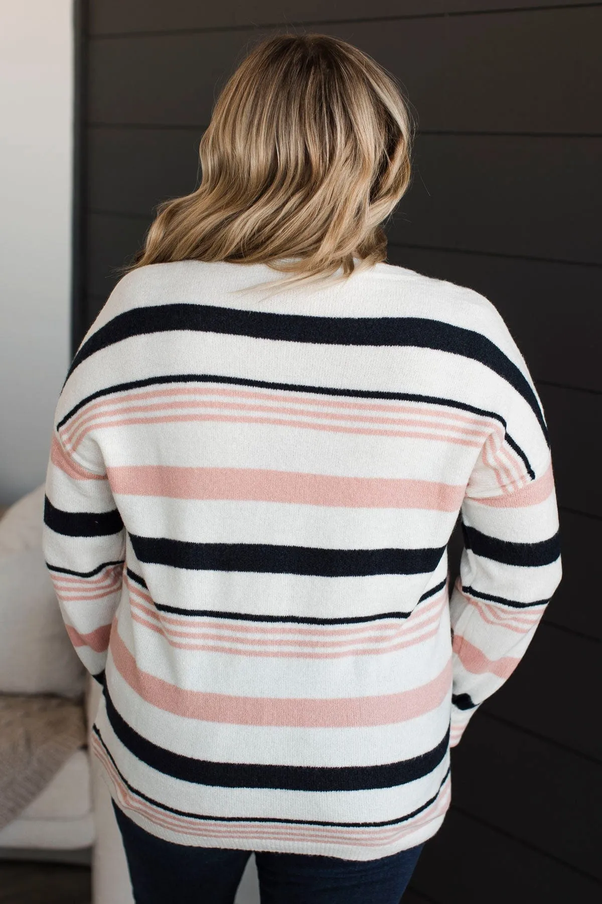 Magic In The Air Striped Sweater- Ivory, Dark Navy, & Pink