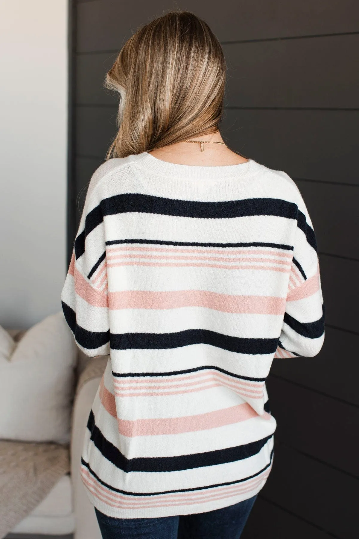 Magic In The Air Striped Sweater- Ivory, Dark Navy, & Pink