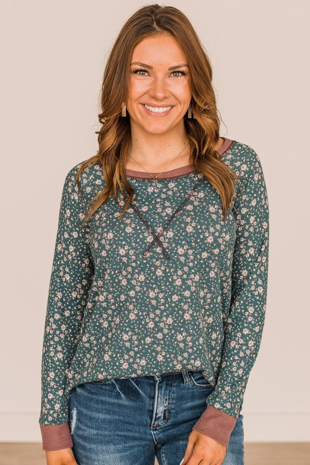 Making It Work Floral Knit Top- Hunter Green