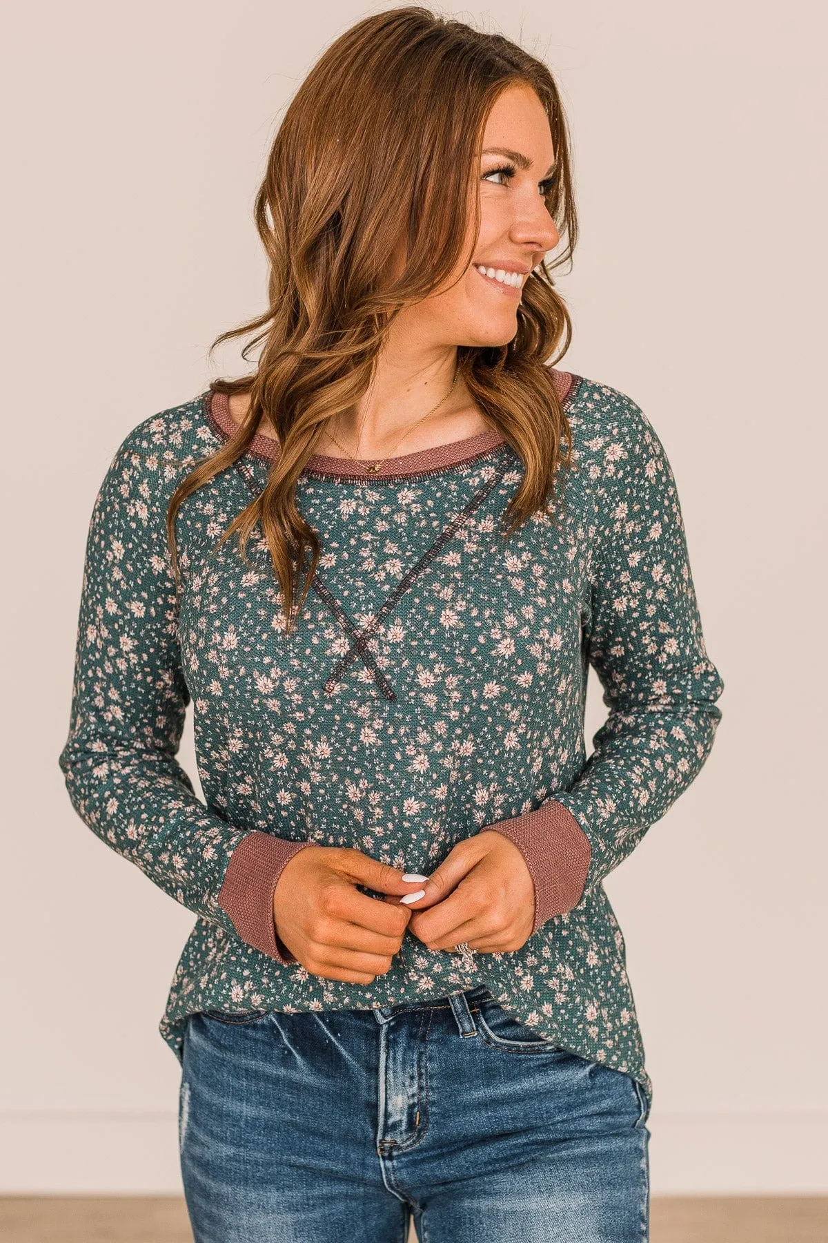 Making It Work Floral Knit Top- Hunter Green