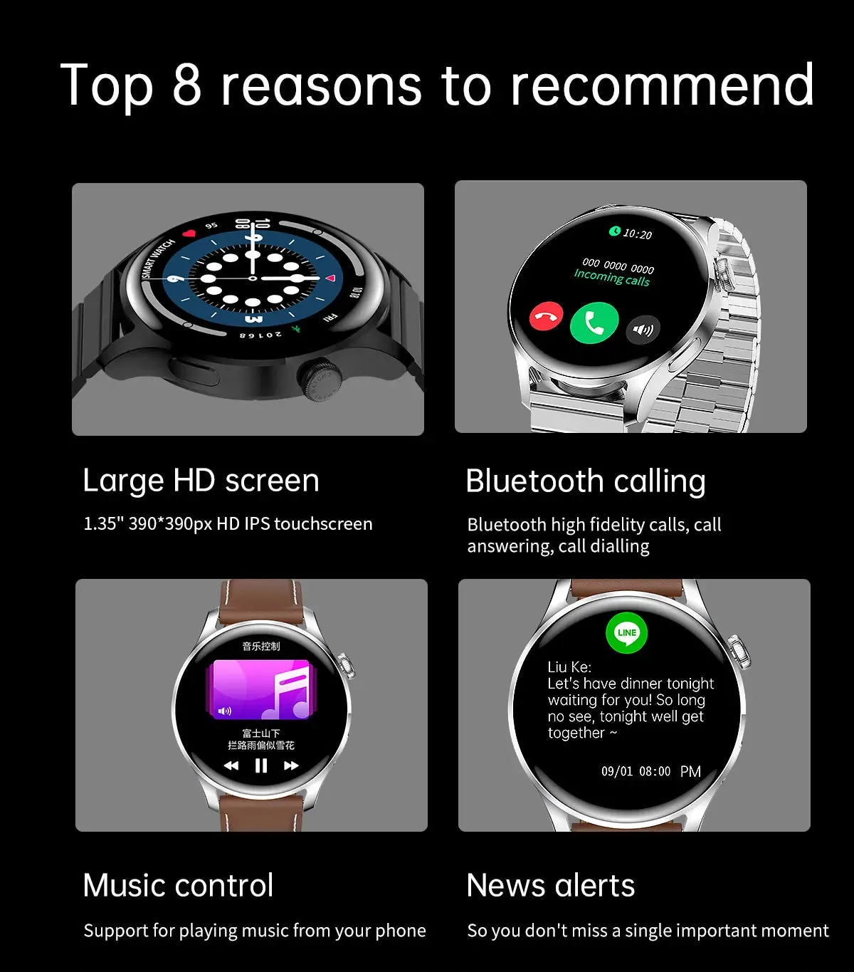 Men's Blood Pressure Monitor Play Games Music Waterproof Smartwatch