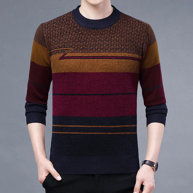 Men's Casual Winter Thick Warm Striped Flat Knitted Pullover Sweater