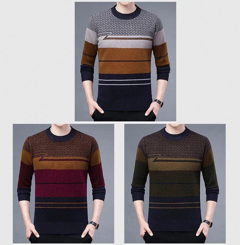 Men's Casual Winter Thick Warm Striped Flat Knitted Pullover Sweater