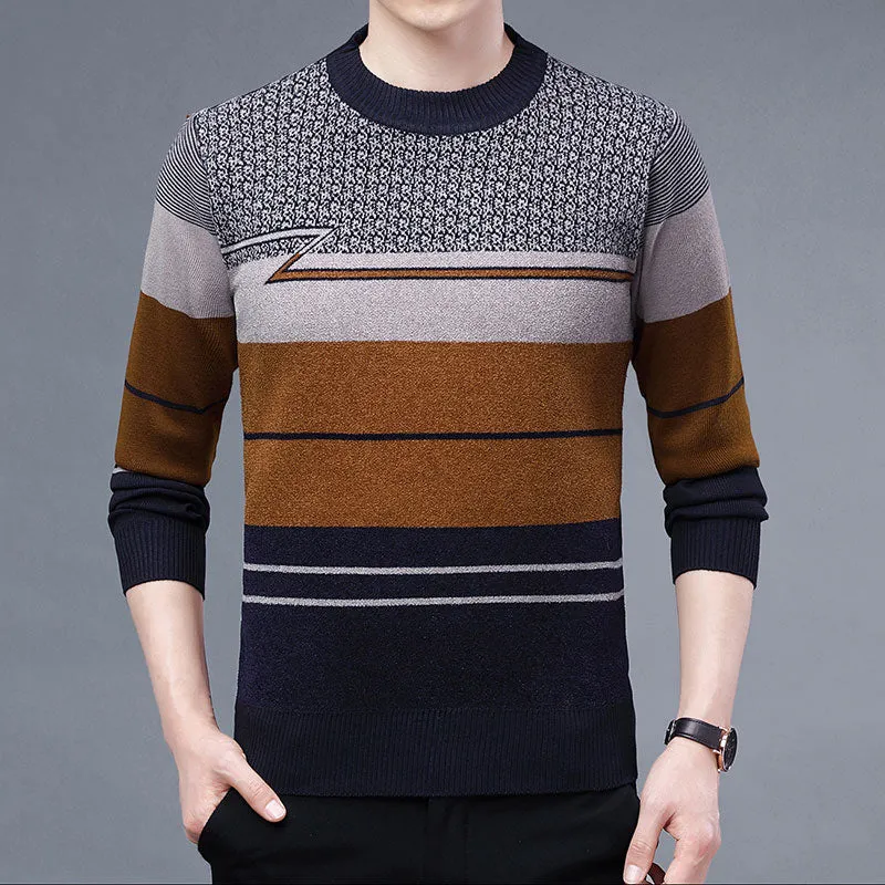 Men's Casual Winter Thick Warm Striped Flat Knitted Pullover Sweater