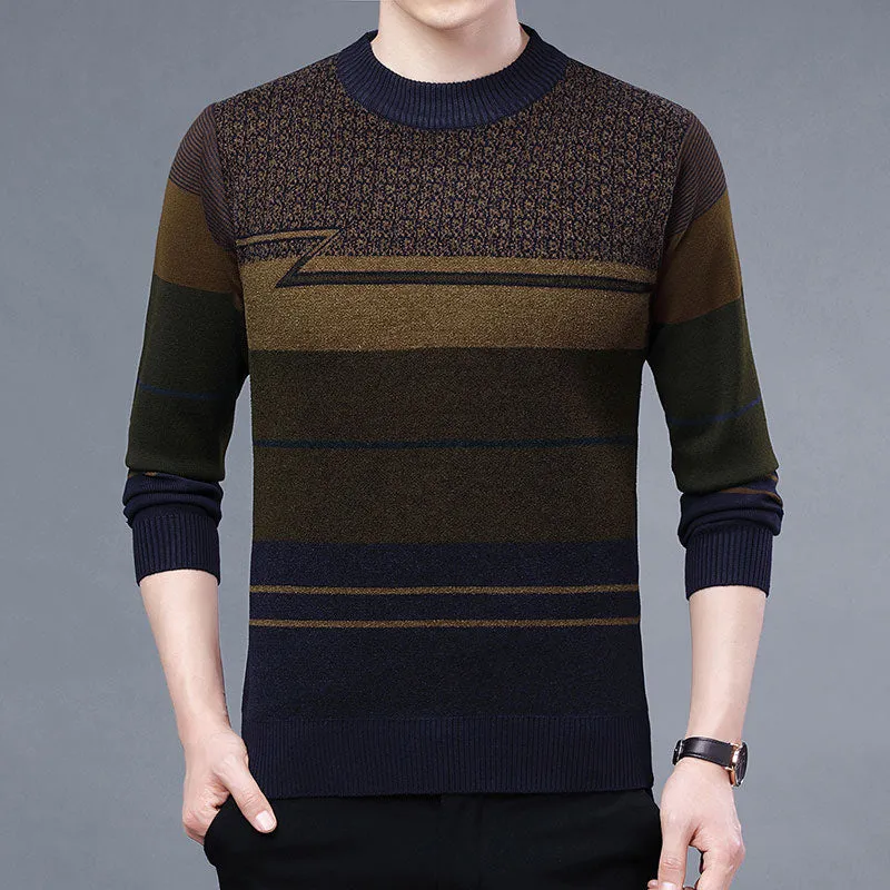 Men's Casual Winter Thick Warm Striped Flat Knitted Pullover Sweater