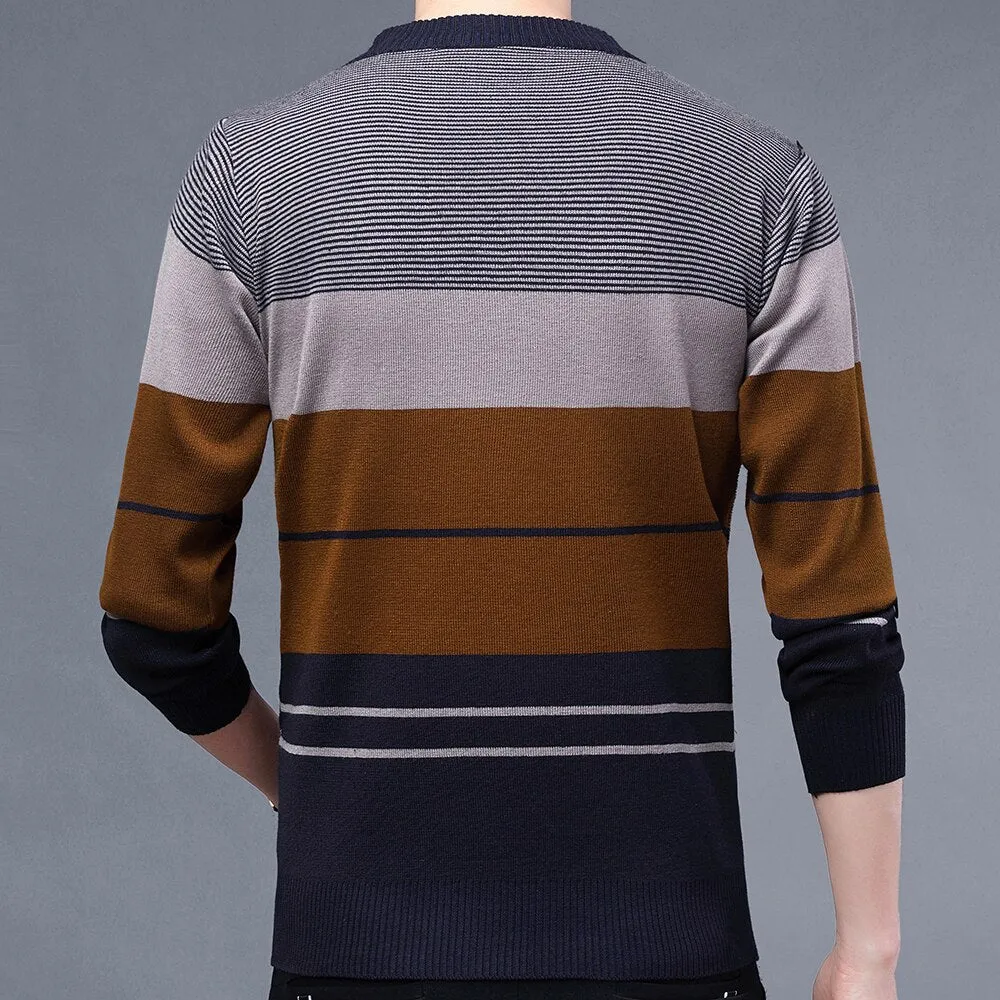 Men's Casual Winter Thick Warm Striped Flat Knitted Pullover Sweater