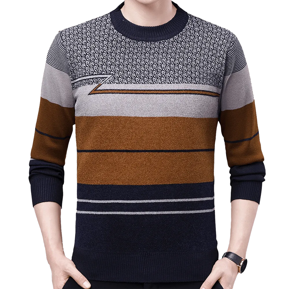 Men's Casual Winter Thick Warm Striped Flat Knitted Pullover Sweater