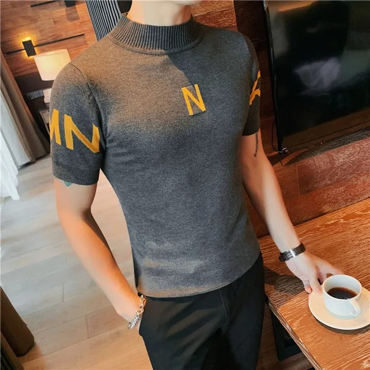 Men's Letter Print Short Sleeve Sweater Bottom Half Turtleneck Shirt