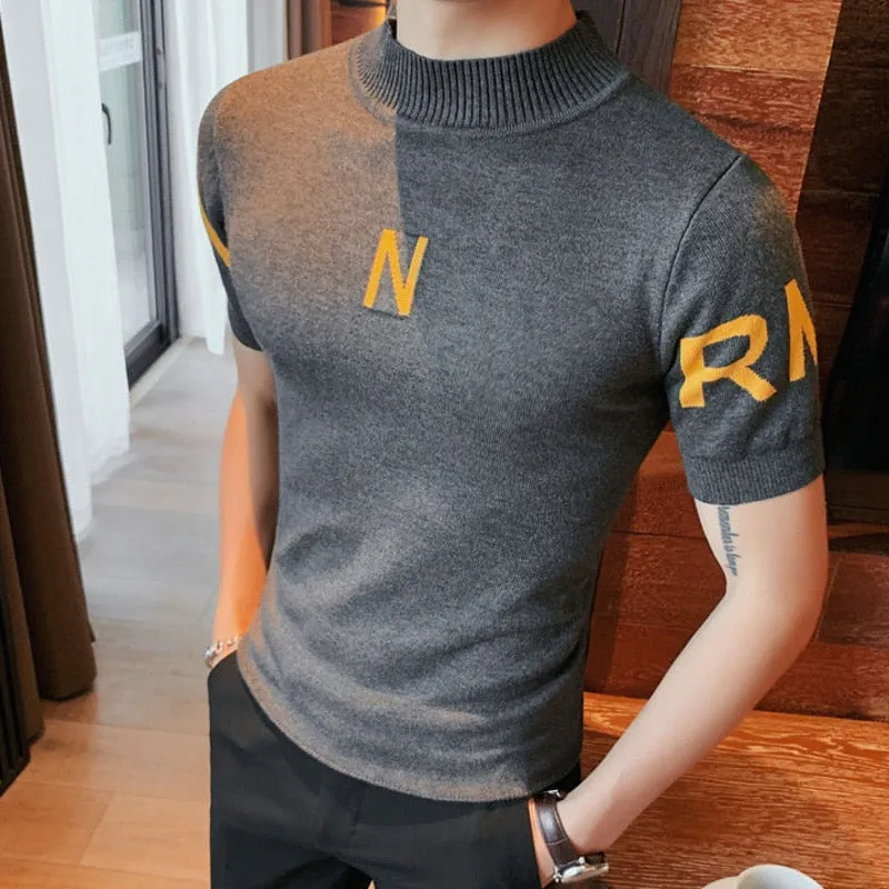 Men's Letter Print Short Sleeve Sweater Bottom Half Turtleneck Shirt