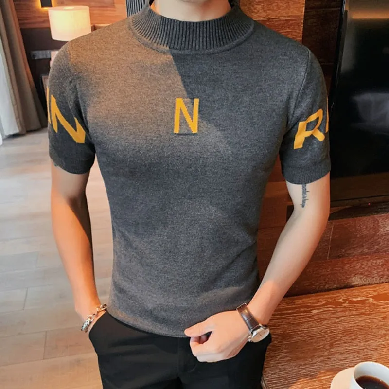 Men's Letter Print Short Sleeve Sweater Bottom Half Turtleneck Shirt